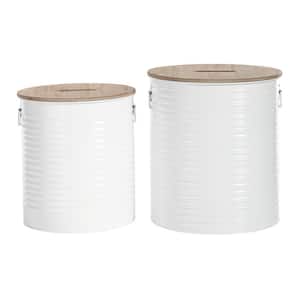 White Storage Stool with Brown Wood Top (Set of 2)