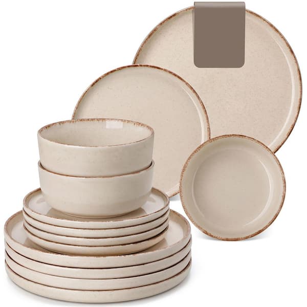 18-Piece Beige Stoneware Dinnerware Set Service for 6 Rustic Design Dining Set Sesame Dots Pattern Bowls and Plates Set