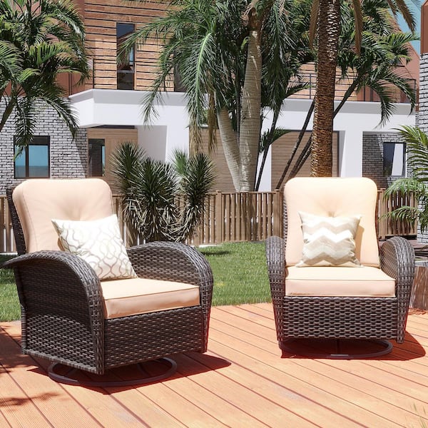 PATIO WATCHER 2-piece Brown Wicker 360° Swivel Outdoor Rocking Chair with Beige Cushion