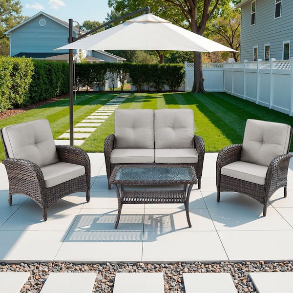 Brown 4-Piece Wicker Outdoor Loveseat Set Patio Rattan Loveseat 2 Lounge Chairs and Coffee Table with Beige Cushions