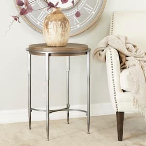 18 in. Gray Large Round Wood End Accent Table with Brown Wood Top