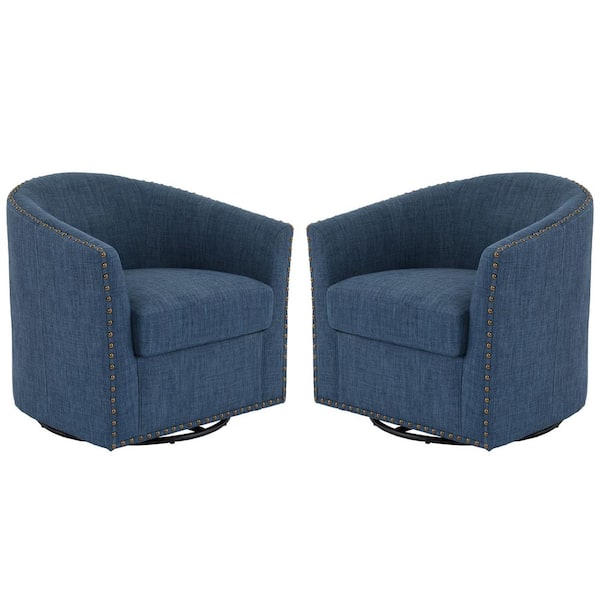 Blue Linen Metal Base Upholstered 360° Swivel Accent Barrel Chair With Nailhead Trim(Set of 2)