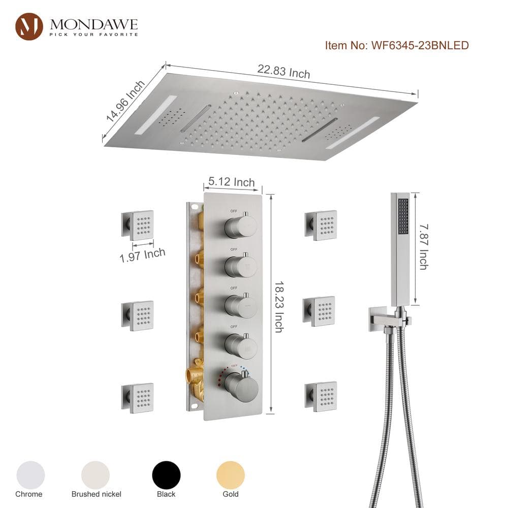 Luxury Brushed Nickel LED Multi-Head Shower System with Bluetooth