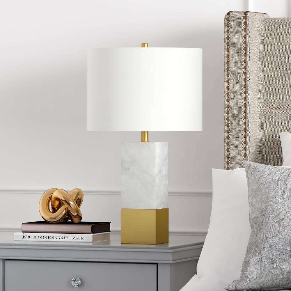 Lena 21.5" White Marble & Brass Table Lamp with French Drum Shade
