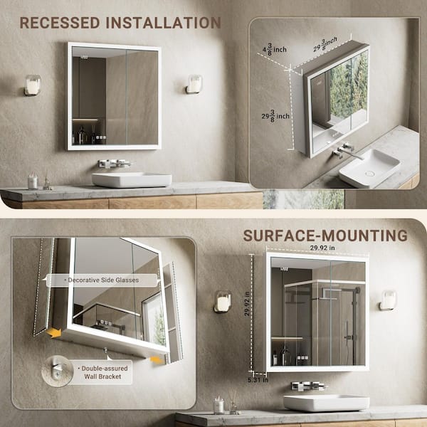 Elega 30 in. W x 30 in. H Rectangular Aluminum Recessed/Wall Mount Dimmable Fogless Lighted Medicine Cabinet with Mirror