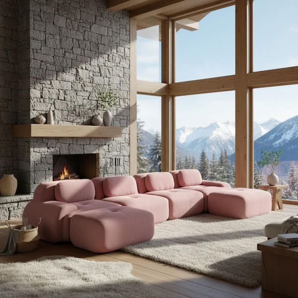SMZO 152.7 in. Modular Corduroy Sectional Sofa with Ergonomic Curved Armrests, Adjustable Backrest, in. Dusty Rose