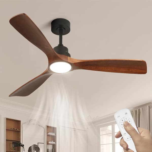 52 in. LED Indoor Modern Wood Dimmable Low Profile Downrod Mount Ceiling Fan Light with Remote Control for Living Room