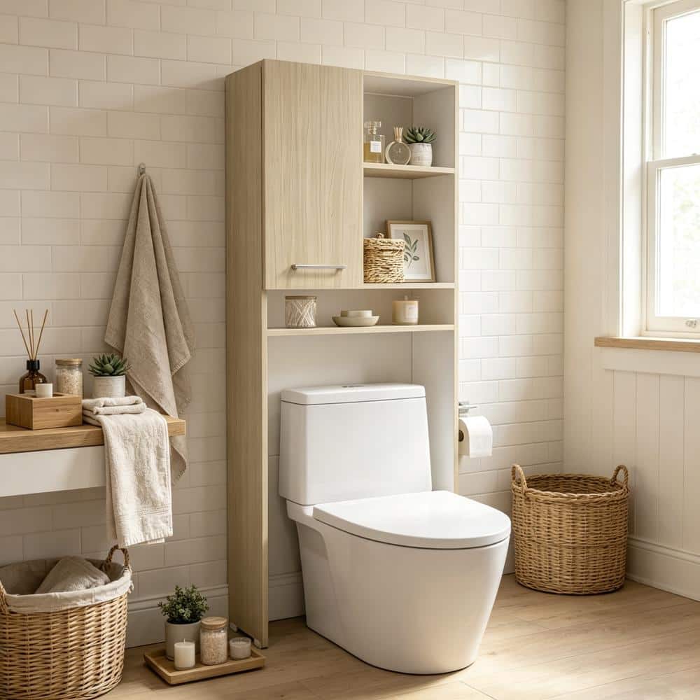 Over-the-Toilet Bathroom Storage Cabinet Shelves with One Door Cabinet and 3 Open Display Shelves in Light Oak price history on PriceWatchPro