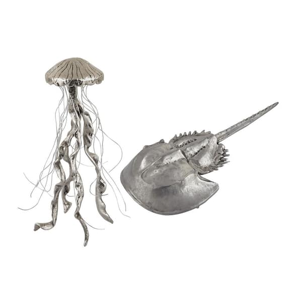 Dimond Home 7 in. x 4 in. x 6 in. Hand Forged Silver Decorative Horshoe Crab And Jelly Fish Figurines (Set of 2)