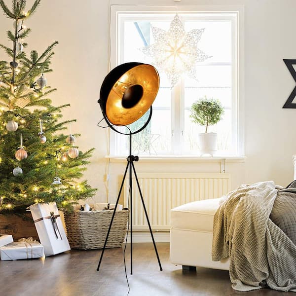 Modern 75.6 in. 1-Light Black LED Satellite Tripod Floor Lamp for Living Room with Inner Gold Metal Shade, Foot Switch
