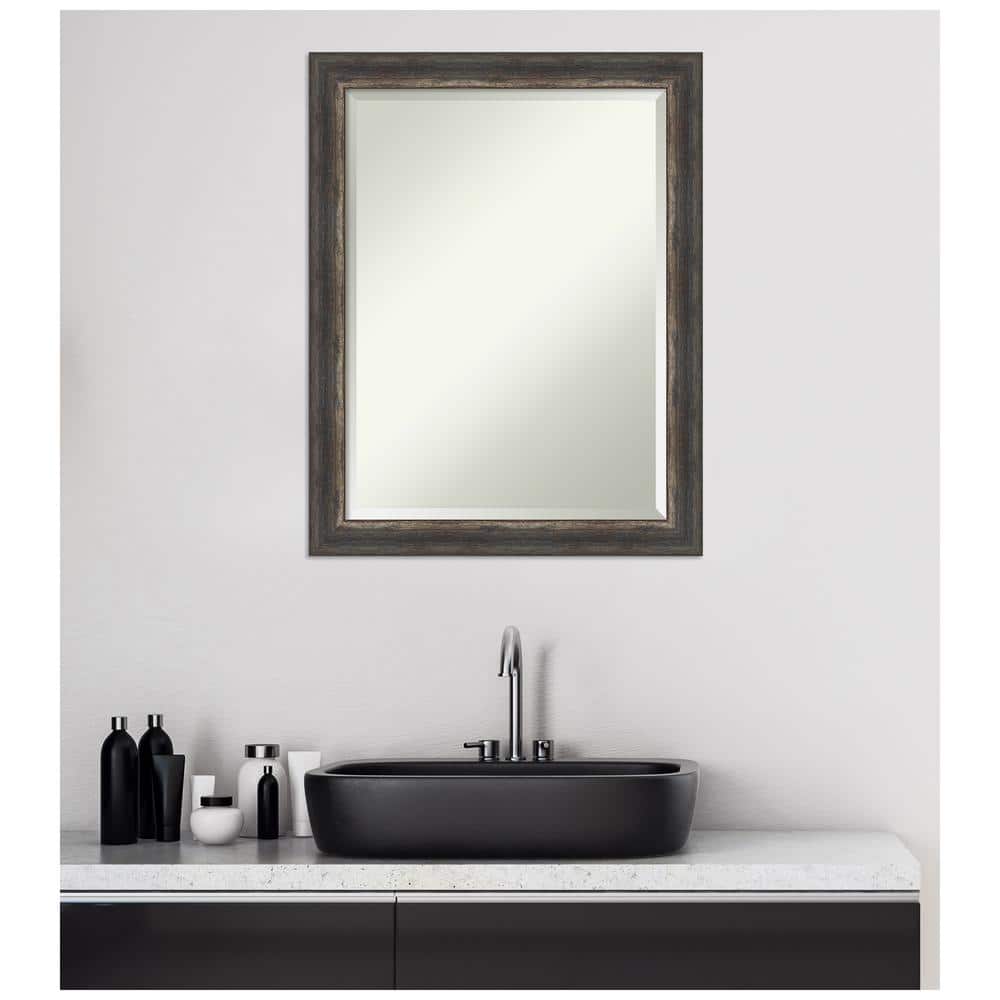 Amanti Art Beveled Bathroom Wall Mirror - Bark Rustic Char Frame Bark Rustic Char Narrow Outer Size: 21 x 27 in Silver, Brown, Black