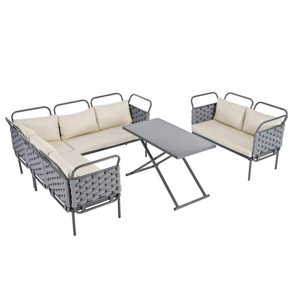 Sungrd 5-Piece Modern Patio Gray Metal Woven Rope Outdoor Sectional Sofa Set Furniture Set with Glass Table and Beige Cushions