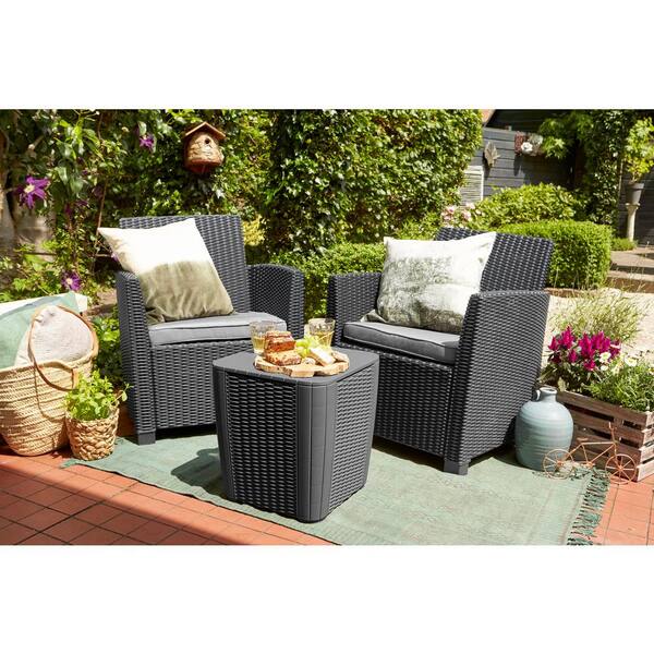 Keter Corona Duo Graphite 3 Piece All Weather Resin Plastic Patio Seating Set With Grey Cushions 234078 The Home Depot Keter Corona Duo Graphite 3 Piece All, Corona Patio Furniture