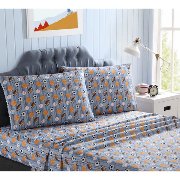 Kute Kids 4-Piece Athletes Stripe Geometric Microfiber Queen Sheet Set