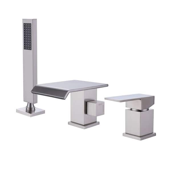 Waterfall Single-Handle Deck-Mount Roman Tub Faucet with Hand Shower 3 Hole Brass Bath Tub Fillers in Brushed Nickel