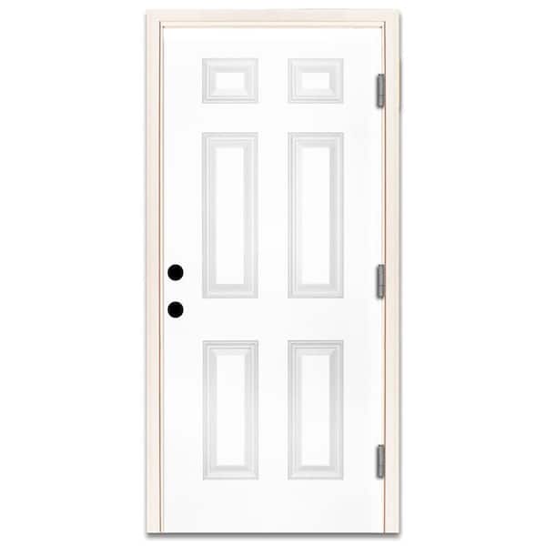 32 in. x 80 in. Element Series 6-Panel White Primed Steel Prehung Front Door with Left-Hand Outswing w/ 4-9/16 in. Frame