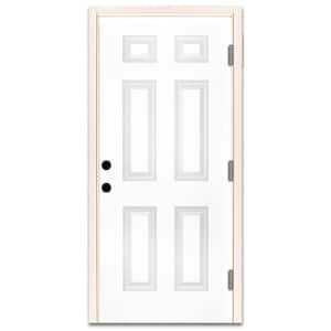 36 in. x 80 in. Premium 6-Panel Primed White Steel Prehung Front Door with 36 in. Left-Hand Outswing and 4 in. Wall