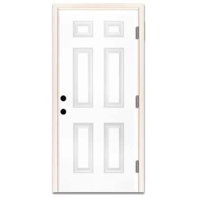 36 in. x 80 in. Premium 6-Panel Primed White Steel Prehung Front Door with 36 in. Left-Hand Outswing and 4 in. Wall