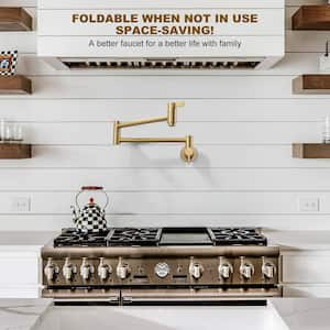 Solid Brass Wall Mounted Pot Filler Faucet with Double Joint Swing Arms, Commercial Kitchen Pot Faucet in Gold