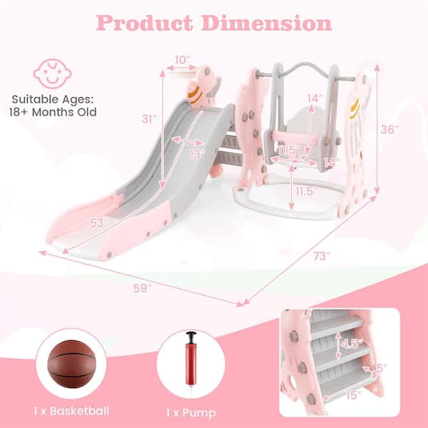 Toddler Slide and Swing Set 4-In-1 Indoor Playground with Extended Slide and Swing Pink