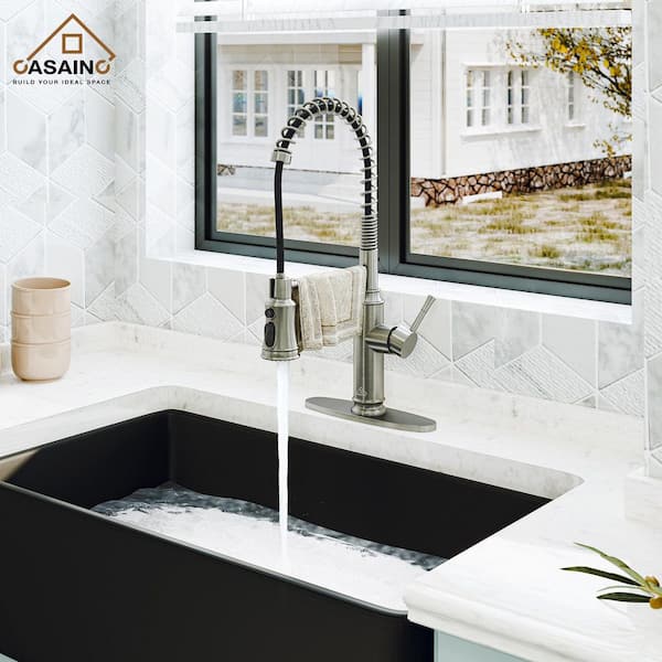 Single-Handle Spring Pull Down Sprayer Kitchen Faucet with Infrared Induction Function and Deckplate in Brushed Nickel