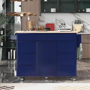 Blue Rolling Rubber Wood Tabletop 53 in. Kitchen Island with Flatware Organizer