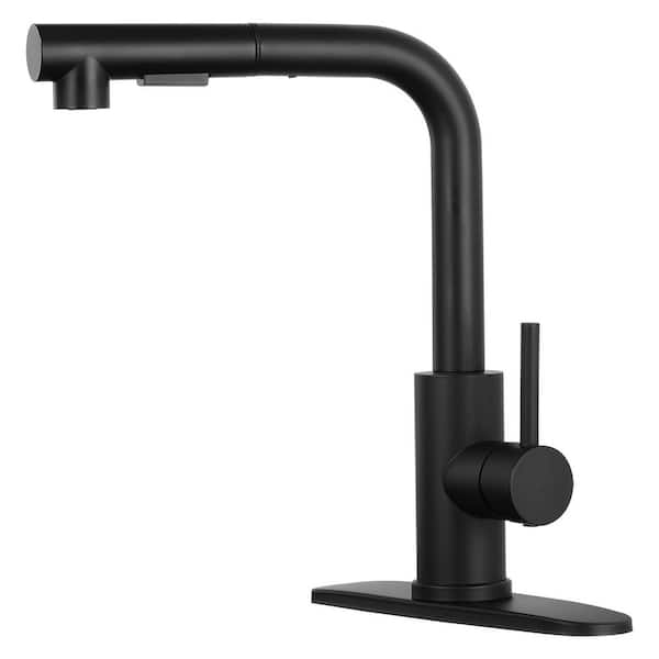 Matte Black 12 in. H Pull Out Sprayer Kitchen Faucet with 360° Spout Swivel Deckplate Included