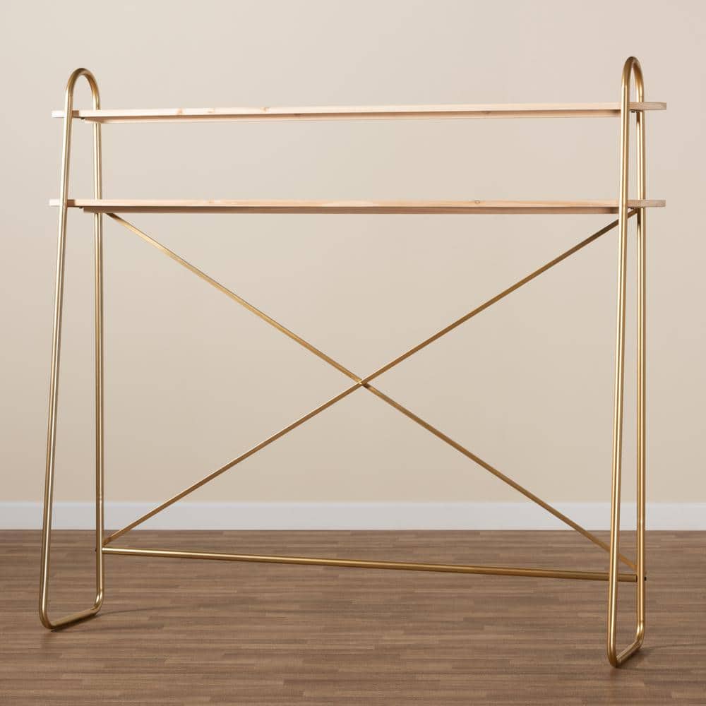 Merida Brushed Gold and Natural Brown Wood 2-Tier Queen Overbed Shelf