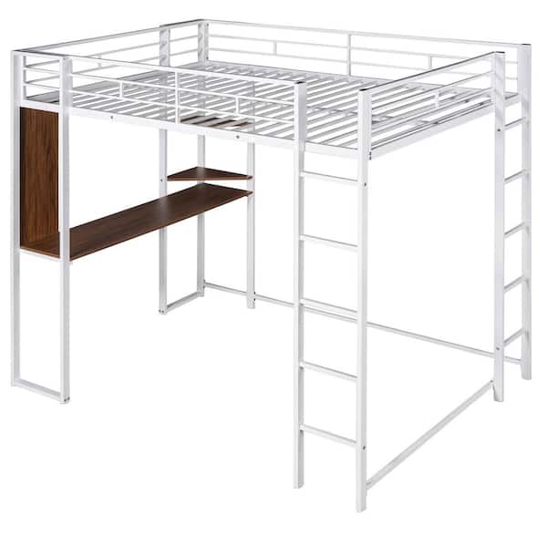 ANBAZAR Full Size Metal Loft Bed with 2 Shelves and one Desk White