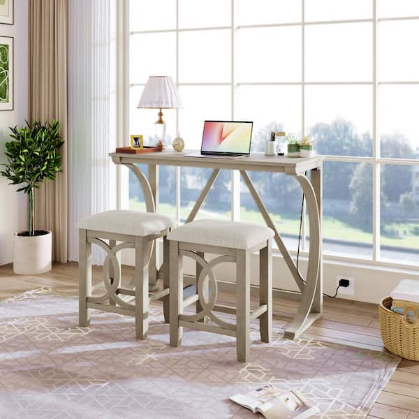 Farmhouse 3-Piece Milky White MDF Top Counter Height Dining Table Set with USB Port and 2-Upholstered Stools