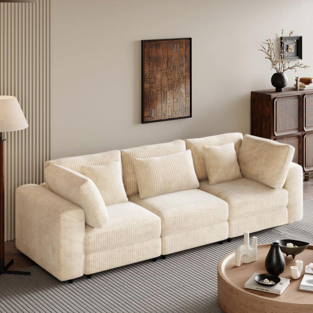 105 in. Square Arm Soft and Elegant Corduroy Rectangle Sofa in. Beige with 