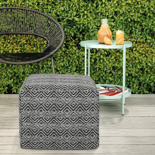 Simpli Home Hendrik Square Woven Pouf in Grey/Black Recycled Pet Polyester