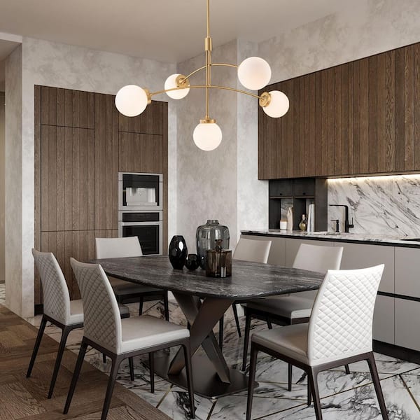 5 Light Brushed Gold Mid-Century Sputnik Chandeliers Fixture for Kitchen Island with Glass Globe Shade, No Bulb Included