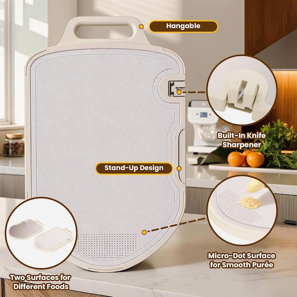 Dura Titanium and Wheat Straw PP Cutting Board Double-Sided 17.5 in. x 11 in. with Knife Sharpener and Juice Groove