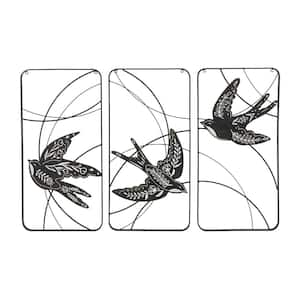 Metal Black Open Frame Wire Bird Wall Decor with White Floral Patterns (Set of 3)