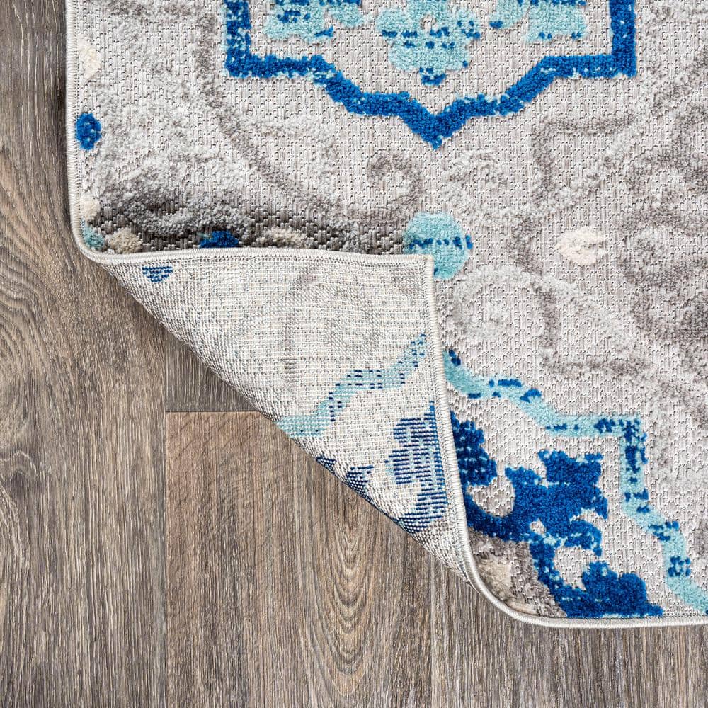 Blue and Gray Synthetic Medallion Reversible Area Rug