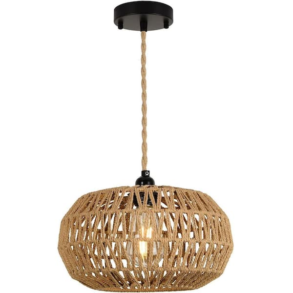 PUDO 11.8 in. 1-Light Farmhouse Brown Pendant Light with Rattan Woven Shade