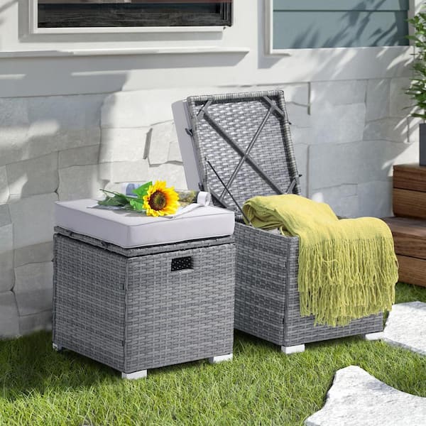 Freestyle 2-Piece Grey Wicker Outdoor Patio Ottomans with Storage, Light Grey Cushion