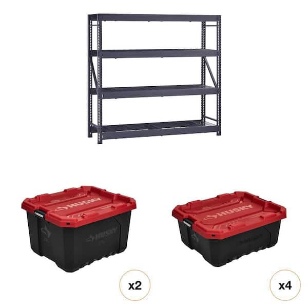 77 in. W 4-Shelf Black Metal Shelving Unit, 27 Gal. and 19 Gal. Latching Storage Tote Combo