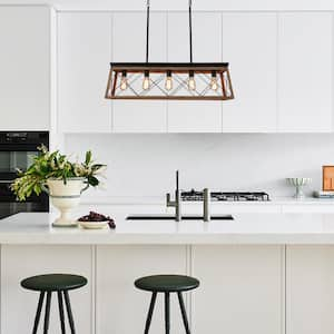 5-Light Black Modern Farmhouse Rectangular Box Dining Room Chandelier Solid Wood Kitchen Island Chandelier