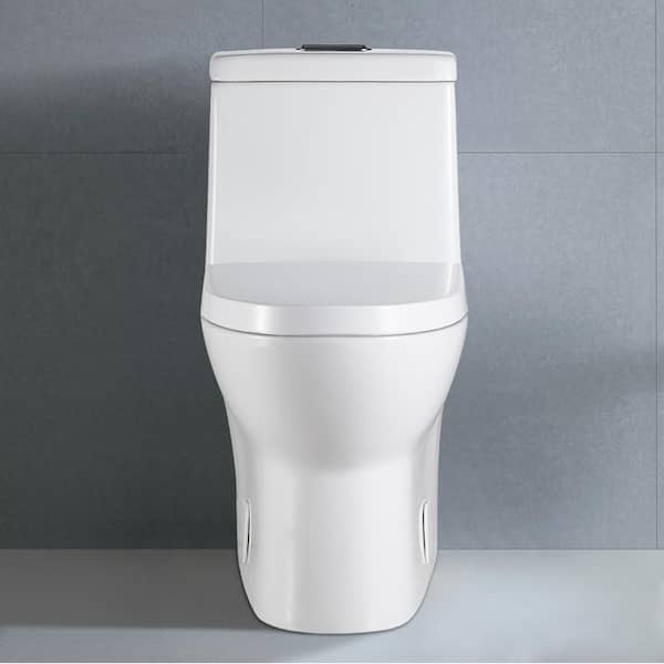 Dual Flush 0.88/1.2 GPF Elongated Standard 1 Piece Toilet in Glossy White with Soft Closing Seat Side Holes