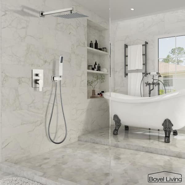 1-Spray Patterns with 2.5 GPM 10 in. Wall Mount Dual Shower Heads with Pressure Balance Valve in Brushed Nickel