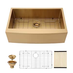 33 in. Farmhouse/Apron Front Single Bowl 16 Gauge Stainless Steel Gold Kitchen Sink with Bottom Grid