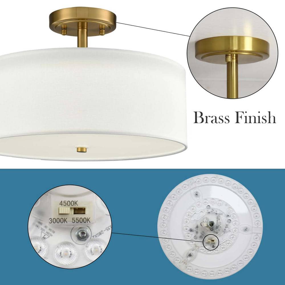 15-Inch Brass Gold Semi Flush Mount Drum Shade LED Ceiling Light