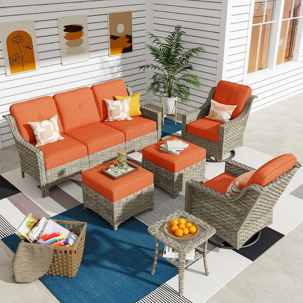 weaxty W Tulip Y Gray 6-Piece Wicker Patio Outdoor Conversation Sofa Set with Swivel Rocking Chairs and Orange Red Cushions