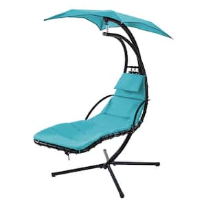 Metal Outdoor Hanging Chaise Lounger with Blue Cushions and Removable Canopy, Outdoor Swing Chair with Built-in Pillow