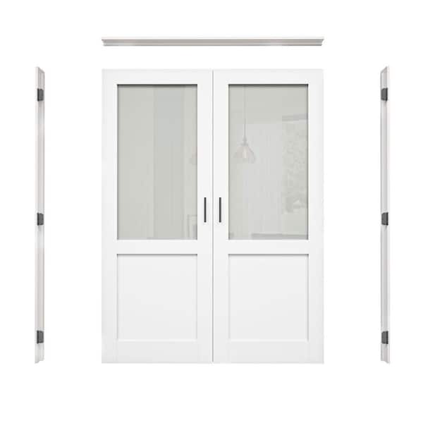 60 in. x 80 in. 1/2Lite Frosted Glass Universal White Solid Core MDF Double Prehung French Door with Jamb and Ball Catch