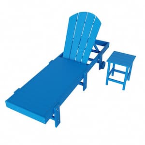 Laguna 2-Piece Fade Resistant HDPE Plastic Adjustable Outdoor Adirondack Chaise with Wheels and Side Table, Pacific Blue