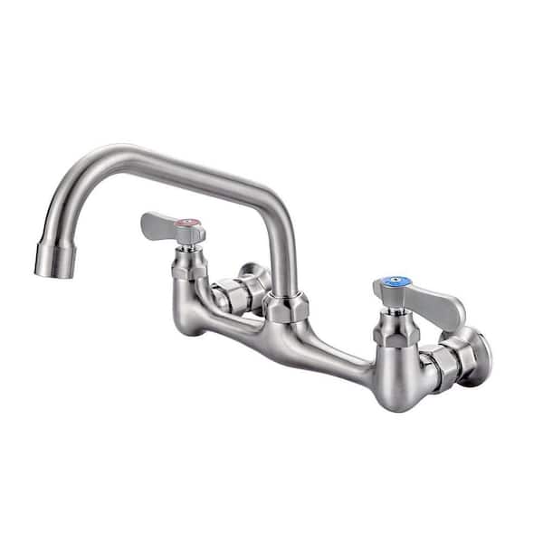 Double Handle Wall Mounted Standard Kitchen Faucet, Commercial Faucet with 8 in. Long Spout in Brushed Nickel