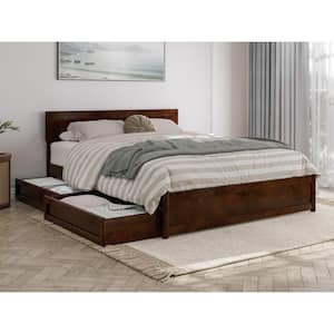 Wesley Walnut Brown Solid Wood Frame Queen Platform Bed with Panel Footboard and Storage Drawers